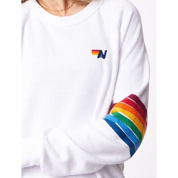 Aviator Nation Rainbow Stitch Sleeve White Crewneck Sweatshirt Small USA Fleece - Picture 6 of 15